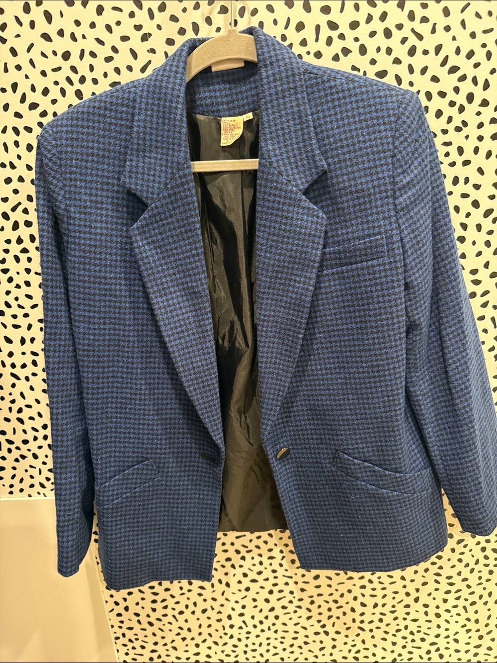 Classic Blue Black Houndstooth Blazer Women 10 Vintage Wool Blend Preppy